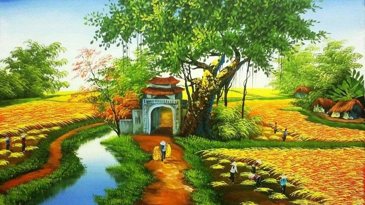 Hình ảnh vẽ tranh quê hương mới nhất về lối đi đình làng