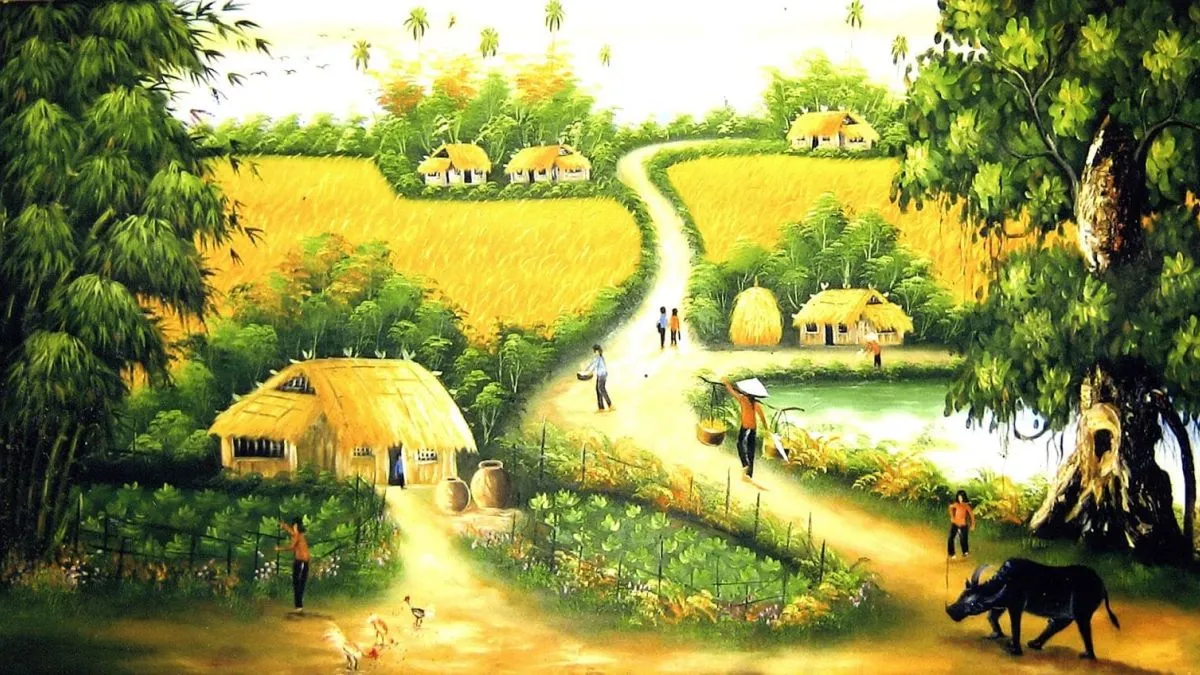 Mẫu hình ảnh vẽ tranh quê hương ngôi làng nông thôn