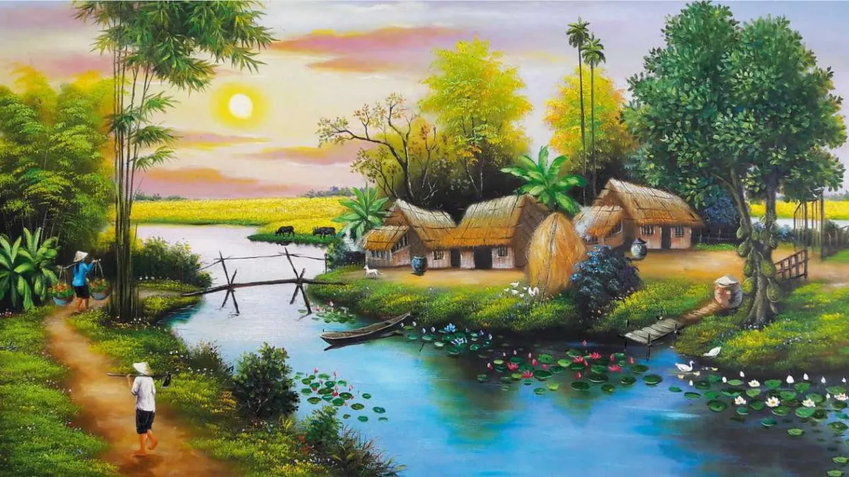 Hình ảnh vẽ tranh quê hương đơn giản với màu sắc tươi sáng
