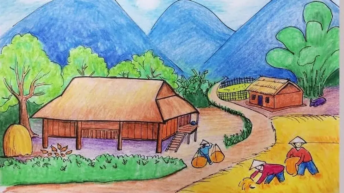 Ảnh vẽ tranh quê hương yên bình, đơn sơ
