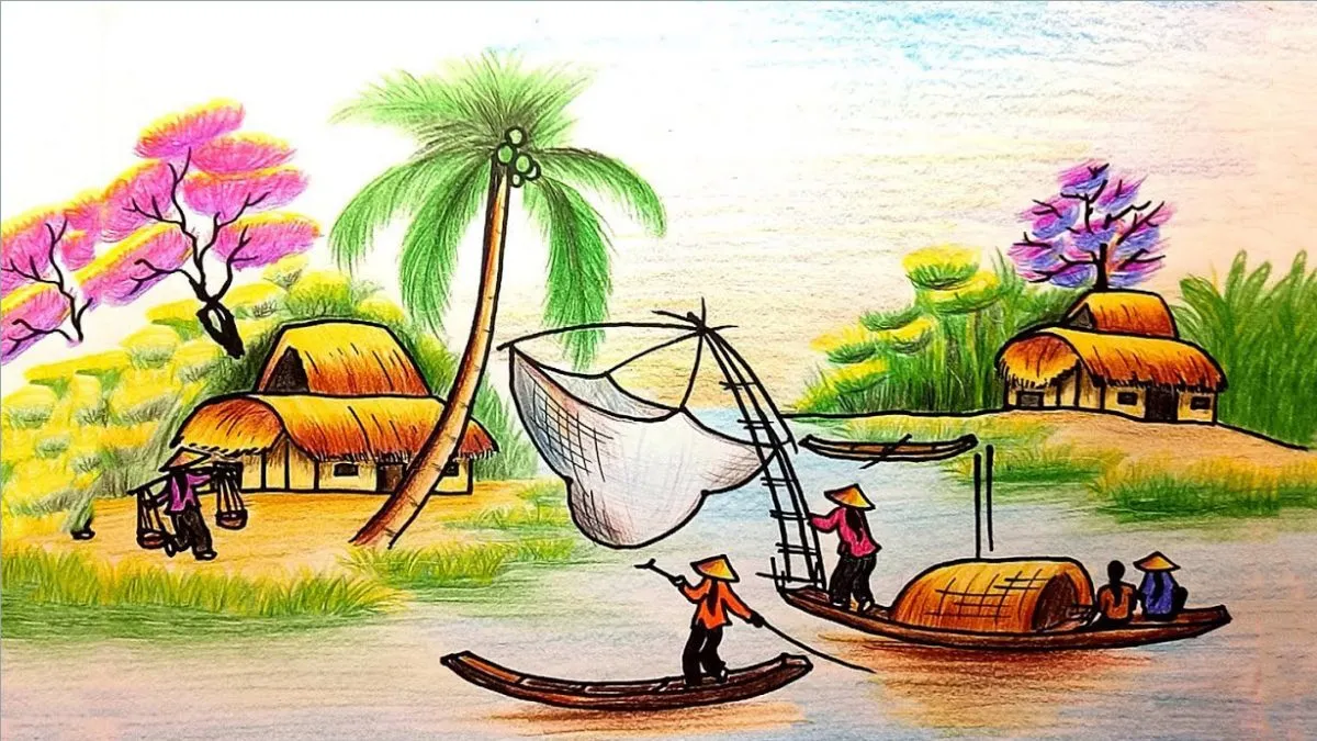 Mẫu ảnh vẽ tranh quê hương về dòng sông
