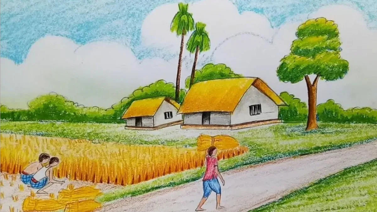 Hình ảnh vẽ tranh quê hương đẹp nhất về cảnh thu hoạch lúa