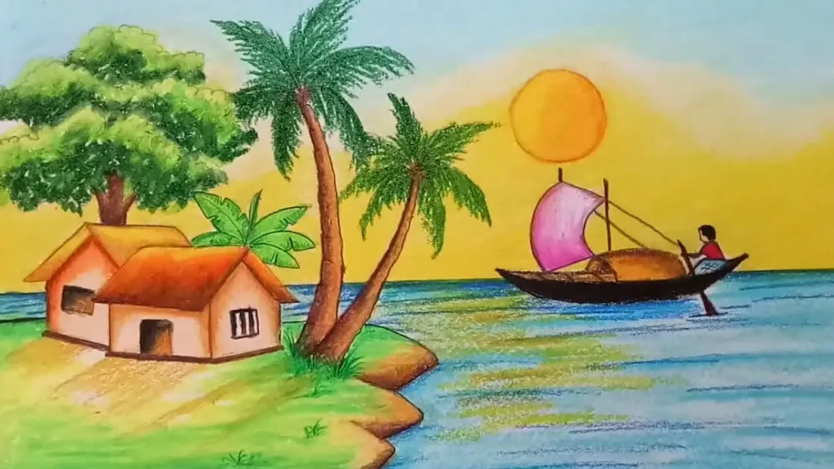 Mẫu hình ảnh vẽ tranh quê hương 4k đơn giản về ngôi nhà ven sông