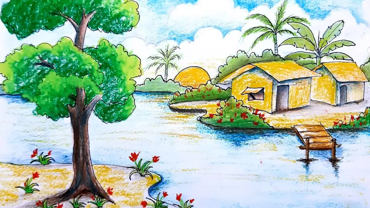Học sinh vẽ tranh quê hương đẹp với cảnh nhà bên sông