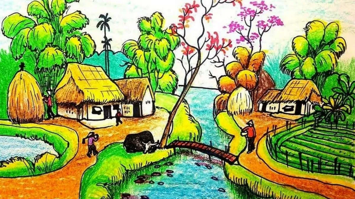 Hình ảnh vẽ tranh quê hương cho học sinh về đường làng