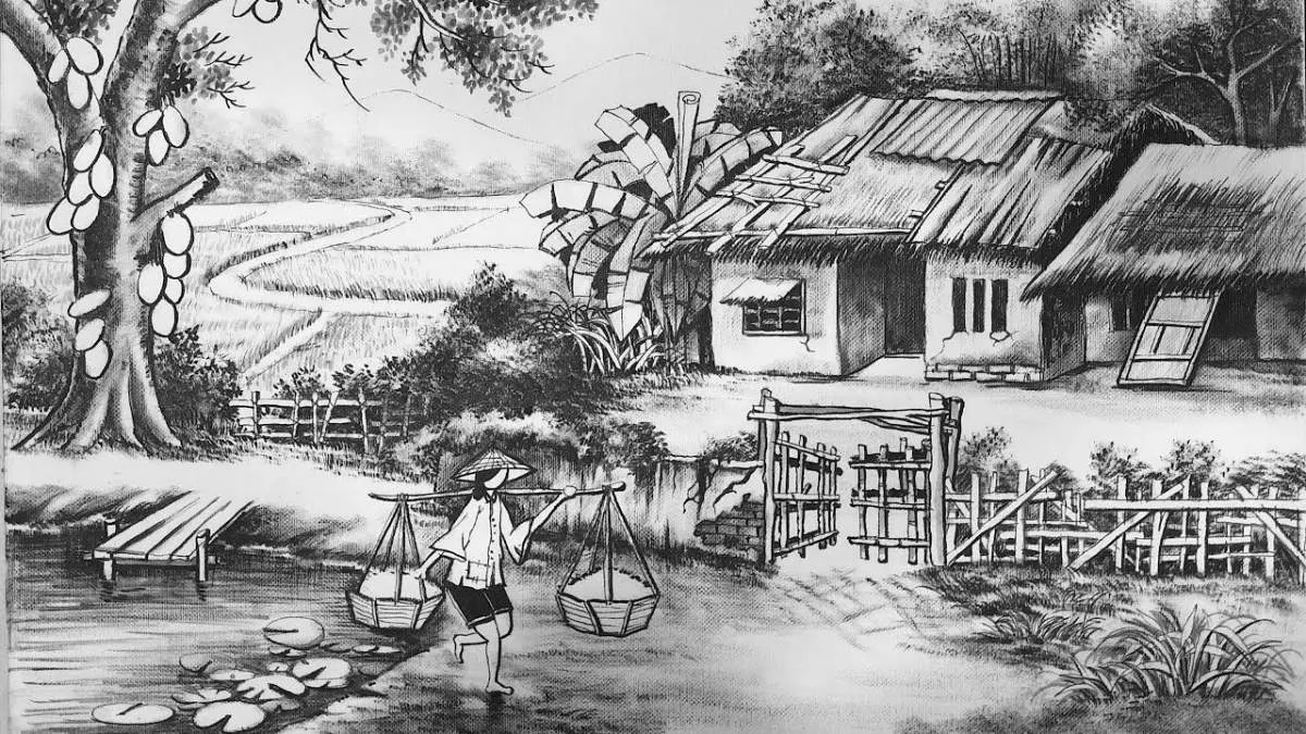 Hình ảnh vẽ tranh quê hương về cảnh nhà bên sông