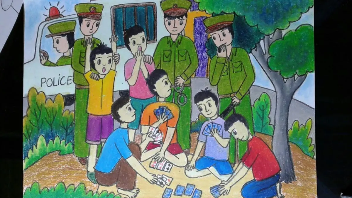 Tranh vẽ về tệ nạn cờ bạc với hình ảnh bàn tay nắm chặt lá bài và đồng tiền