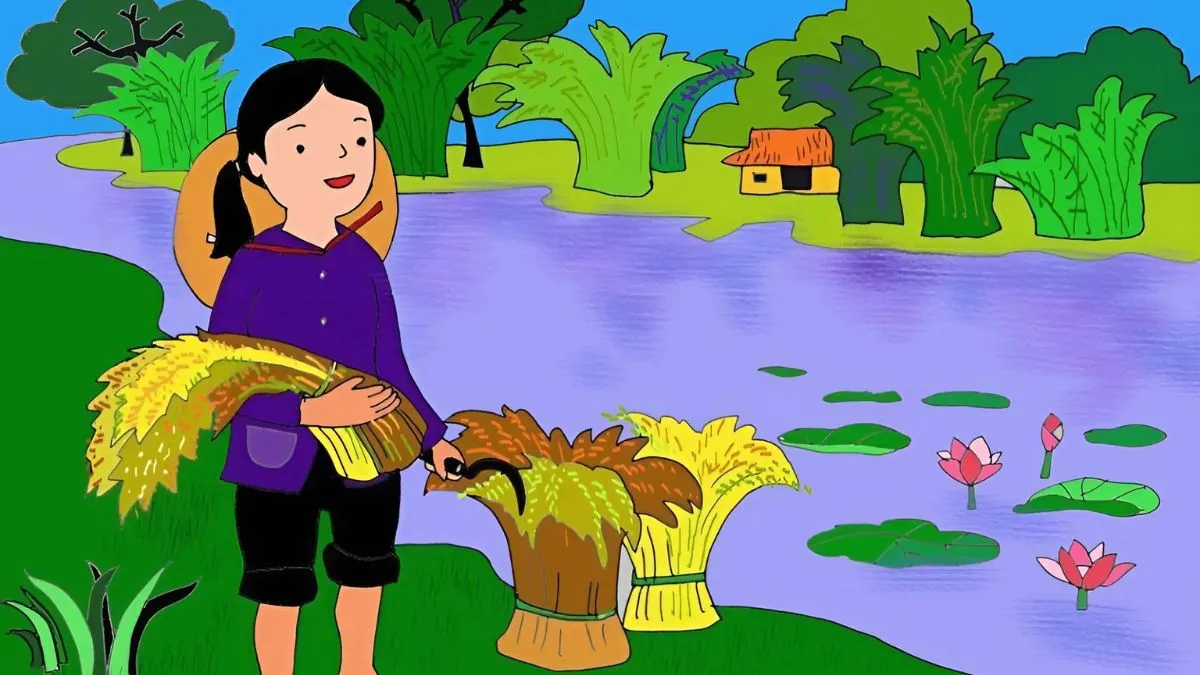 Cảnh mẹ và con gặt lúa trên cánh đồng