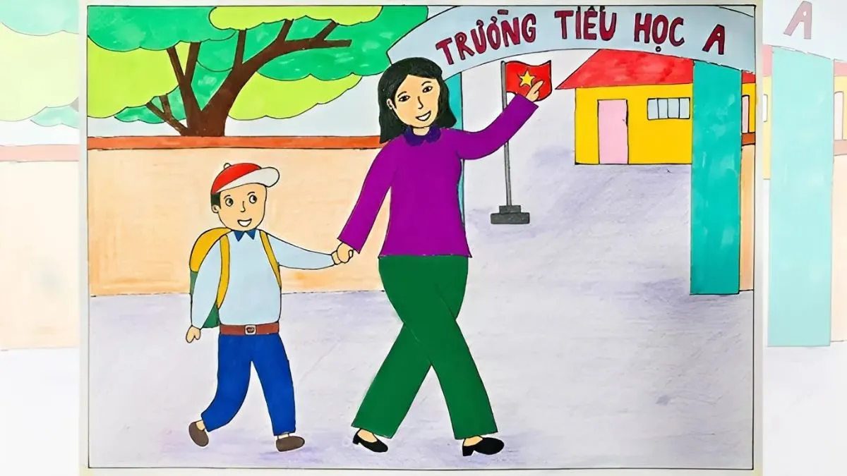 Mẹ và bé vui vẻ trên đường tới trường