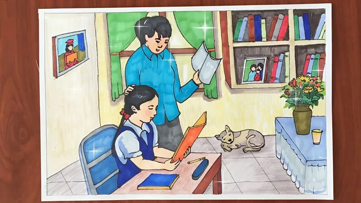 Mẹ dịu dàng dạy con gái học bài