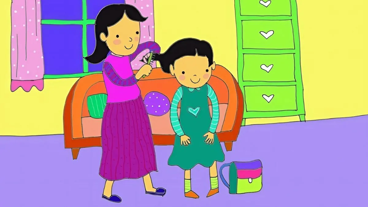 Mẹ giúp con đeo cặp sách chuẩn bị đến trường