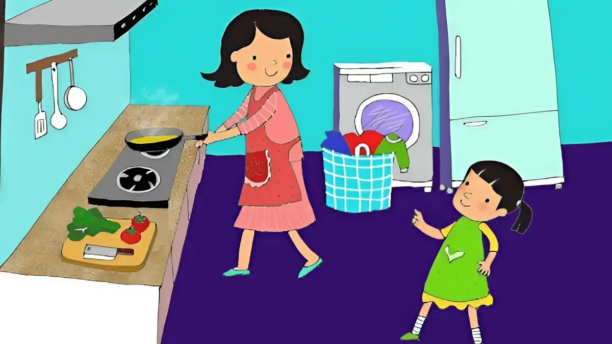 Mẹ và bé gái cùng nhau nấu ăn trong bếp