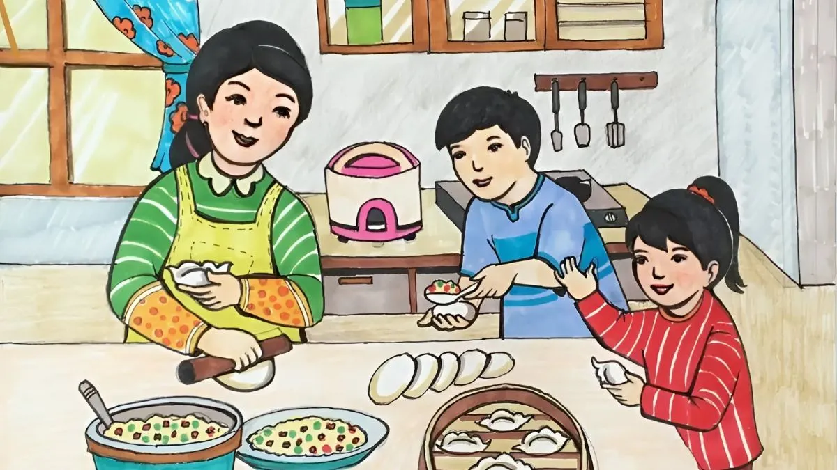 Cảnh mẹ và con gái cùng dọn dẹp, chuẩn bị nấu ăn