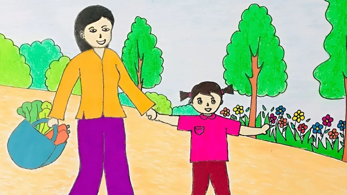 Tranh vẽ mẹ và bé gái dễ thương bên nhau