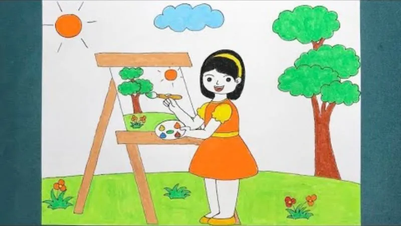 Hình vẽ cô bé họa sĩ nhí với nụ cười rạng rỡ bên tác phẩm của mình
