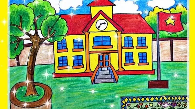 Bức tranh màu sắc về ngôi trường cao tầng, rộng rãi với cột cờ và sân chơi