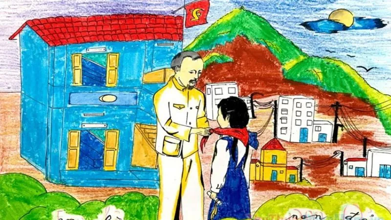 Bức vẽ em nhỏ nhận khăn quàng đỏ từ Bác Hồ tại ngôi trường mơ ước, thể hiện ước mơ phấn đấu học tập tốt