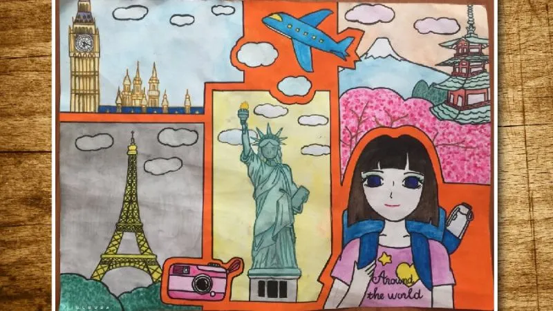Bức tranh minh họa em bé nhiếp ảnh gia chụp ảnh trước biểu tượng tháp Eiffel, biểu trưng cho ước mơ khám phá thế giới