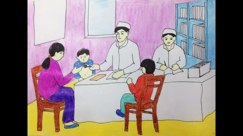 Tranh vẽ cô bé bác sĩ nhí đang khám bệnh cho một bạn nhỏ, thể hiện ước mơ chăm sóc sức khỏe
