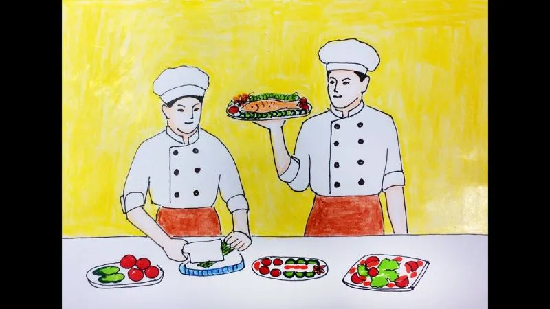 Tranh vẽ em bé mặc đồng phục đầu bếp, đứng nấu ăn trong nhà hàng sang trọng