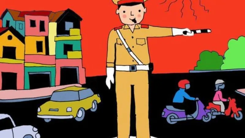 Tranh vẽ chú cảnh sát giao thông đang điều tiết xe cộ, giúp đường phố thông thoáng