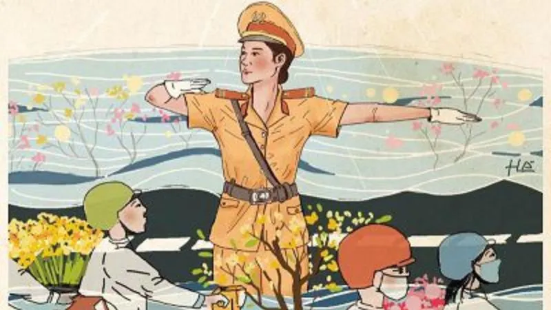 Tranh vẽ cô công an giao thông tươi cười đang làm nhiệm vụ điều tiết xe cộ