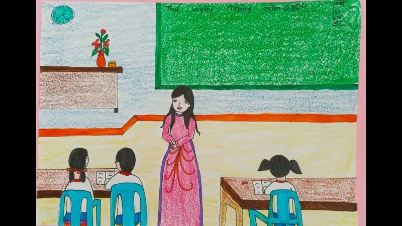 Tranh vẽ cô giáo mặc áo dài hồng đang giảng bài cho các em học sinh chăm chú