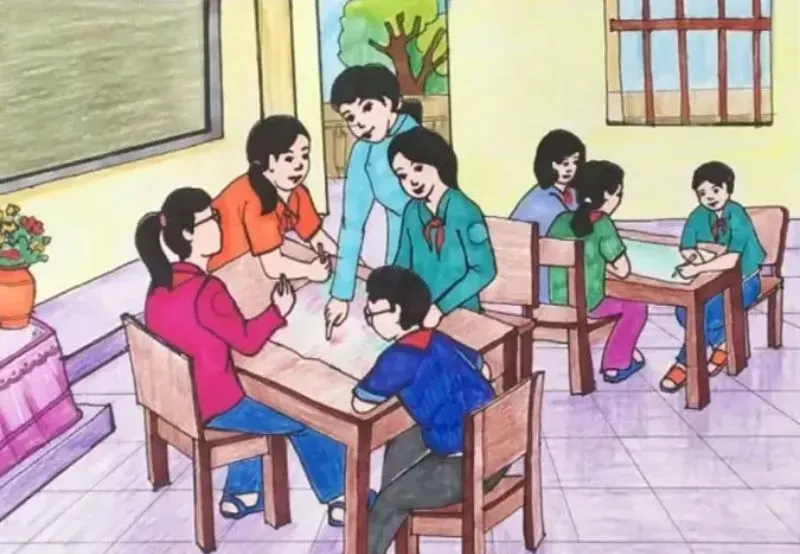 Hình vẽ đơn giản về các lớp học và hành lang trường