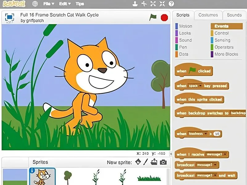 Giao diện phần mềm Scratch với các khối lệnh màu sắc, khu vực lập trình và sân khấu